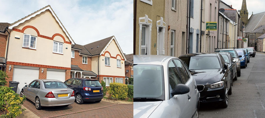 Cars Parked on drive in Safe Neighbourhood compared to Cars parked on the size of the road in risky neighbourhood