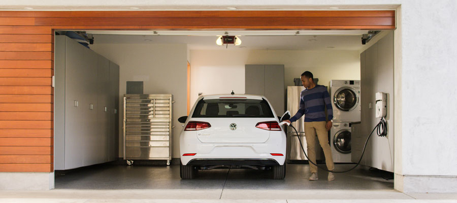 Electric Car Parked in the Garage, Charging